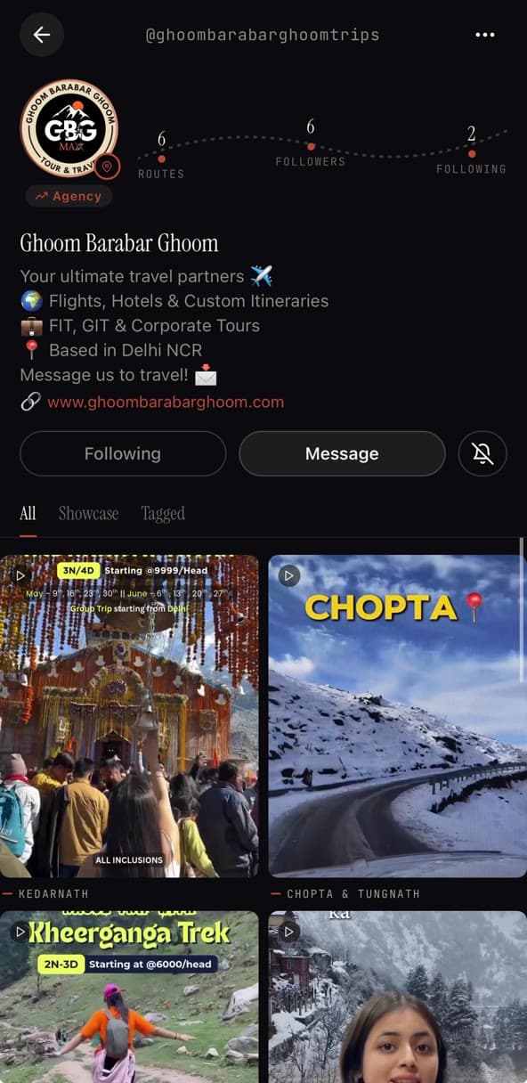 A travel agency's Galiaraa profile showing its routes, followers, bio, and a grid of showcase videos with pricing and departure dates