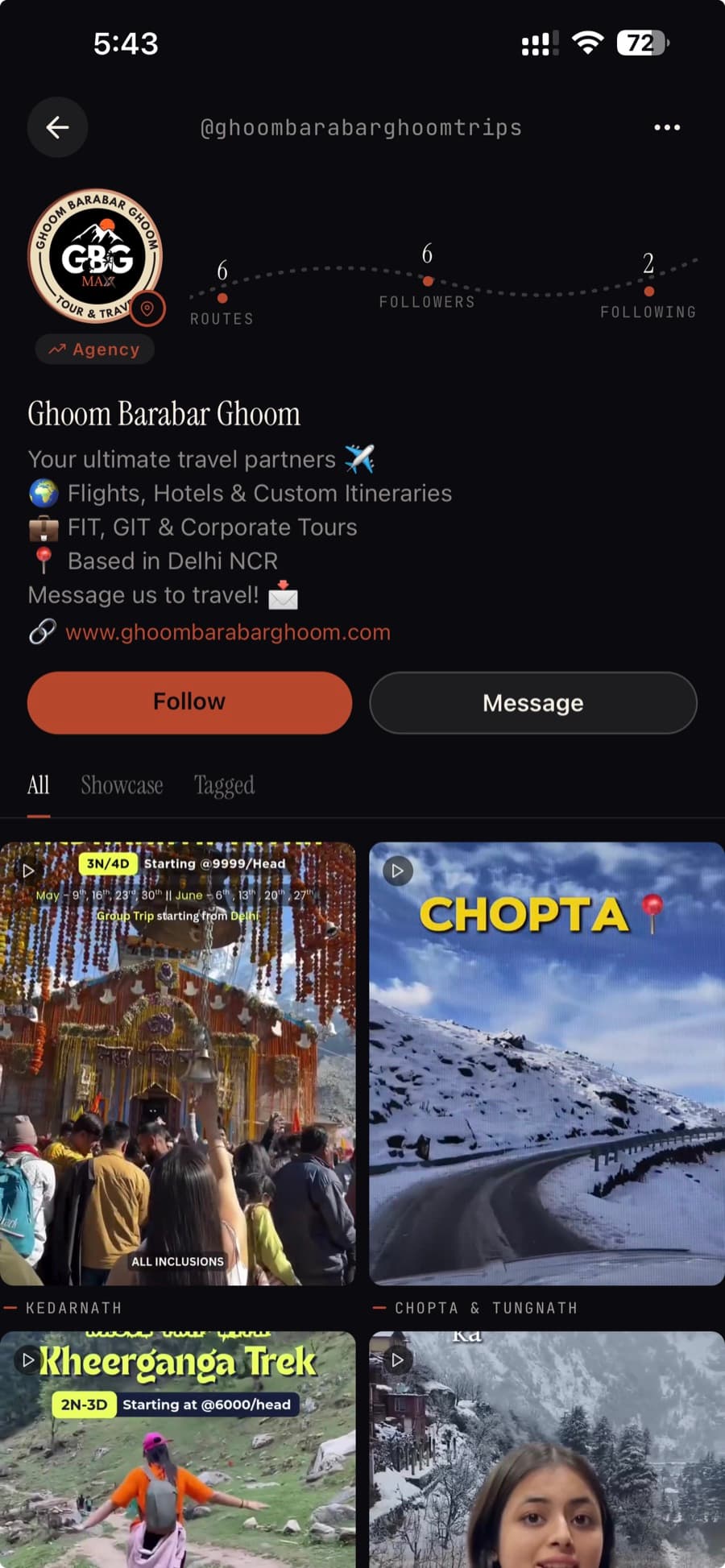 A travel agency's public profile on Galiaraa — @ghoombarabarghoomtrips, with an Agency badge, routes/followers/following, bio and website link, and a grid of showcase videos for treks and tours