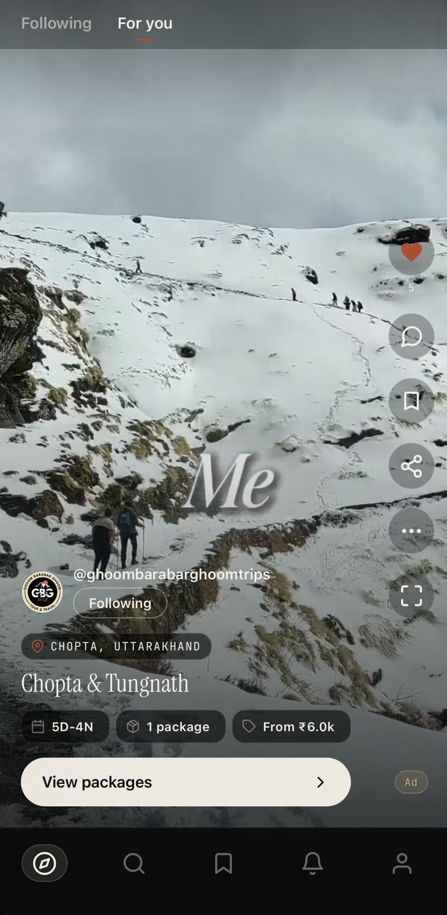 A travel agency's showcase post in the Galiaraa feed — "Chopta & Tungnath" by @ghoombarabarghoomtrips, with duration, package count, starting price, and a View packages button