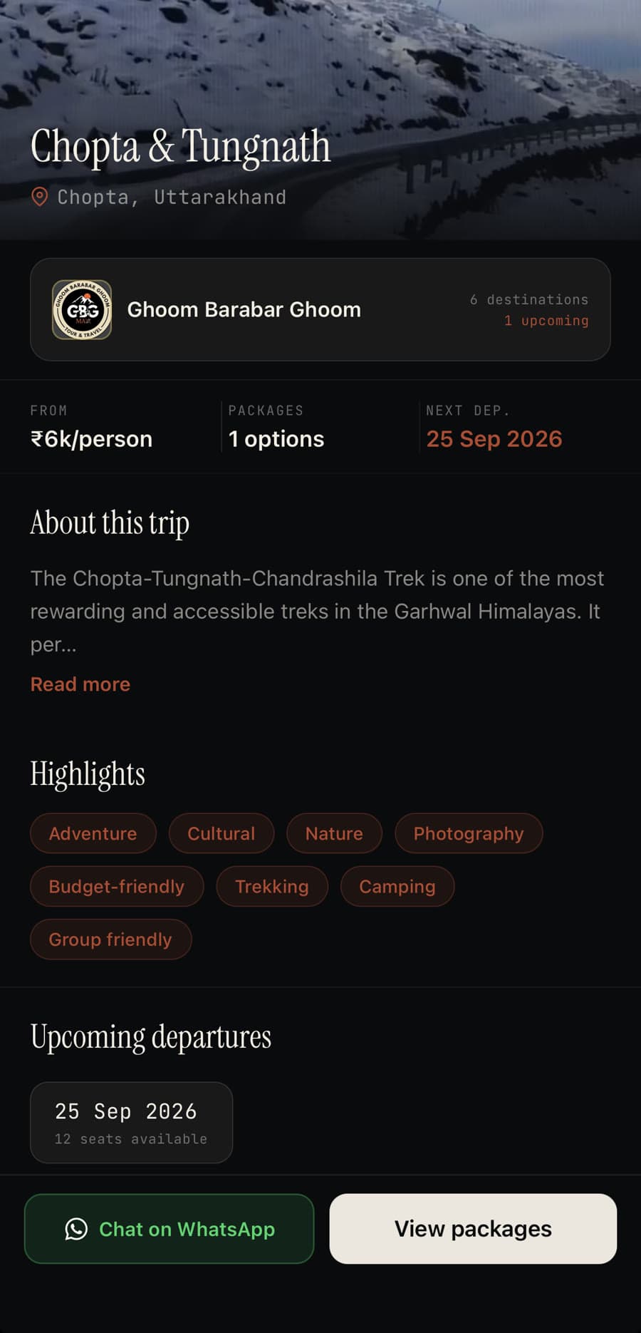 A travel agency's package details page in the Galiaraa app for "Chopta & Tungnath" — pricing, trip highlights, upcoming departure dates, and Chat on WhatsApp / View packages buttons