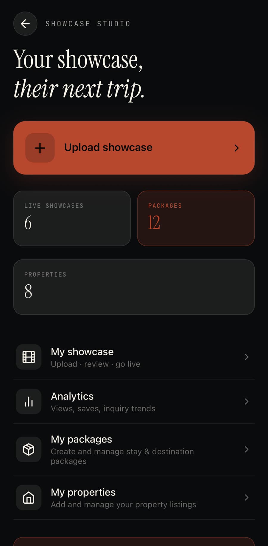 Galiaraa's Showcase Studio home screen, with an Upload showcase button, live showcase/package/property counts, and links to My showcase, Analytics, My packages, and My properties