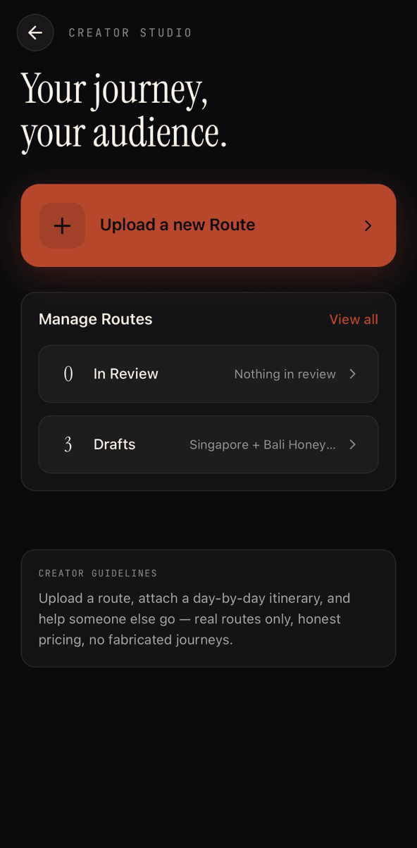 Galiaraa Creator Studio screen with an 'Upload a new Route' button, Manage Routes showing drafts and posts in review, and the Creator Guidelines