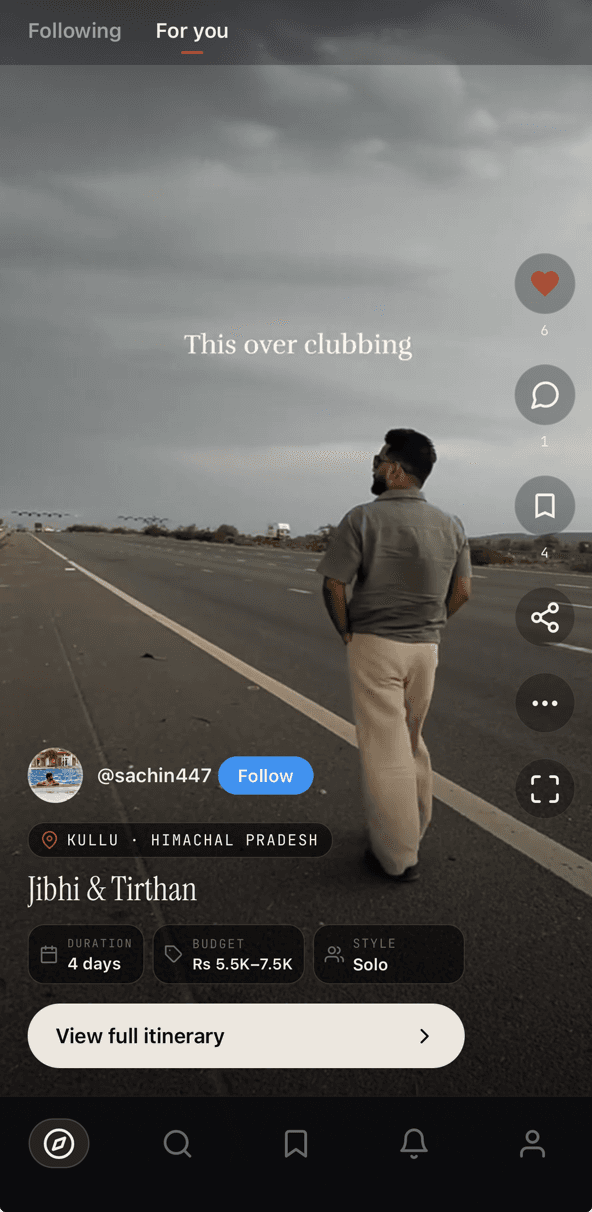 The Galiaraa Discover feed showing a traveler's video of a Jibhi & Tirthan trip with the journey's duration, cost, and a link to the full itinerary