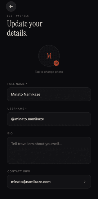 Galiaraa Edit Profile screen for updating your photo, full name, username, bio, and contact info