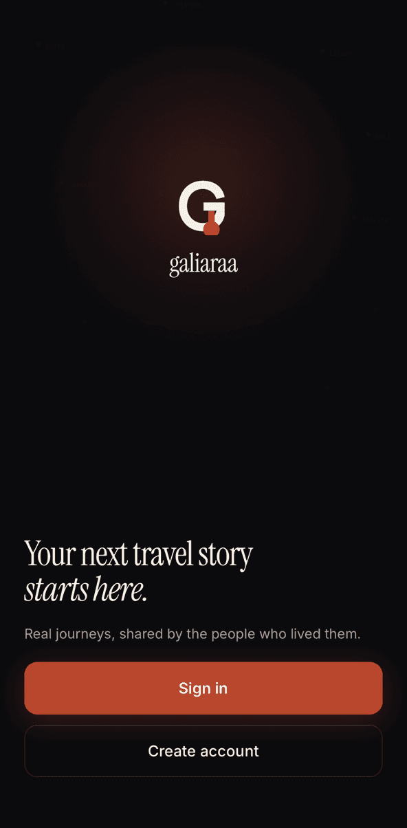 The Galiaraa sign-in screen with the tagline 'Your next travel story starts here.'