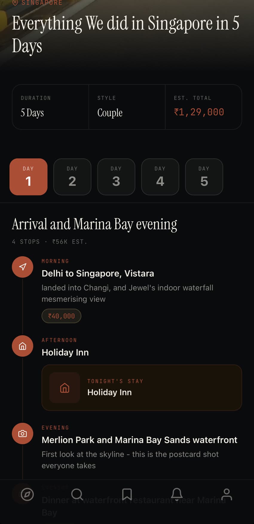 The itinerary behind a Galiaraa post — "Everything We did in Singapore in 5 Days", 5 Days, Couple, ₹1,29,000 estimated, Day 1 arrival and Marina Bay evening with real stops and costs