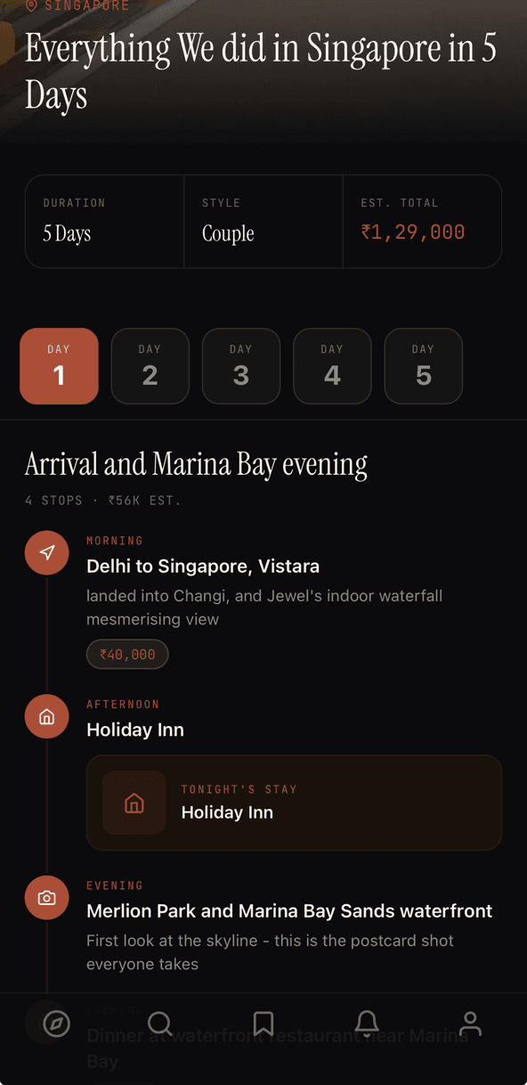 A Galiaraa itinerary screen showing a day-by-day 5-day Singapore trip plan with stays, stops, and exact costs