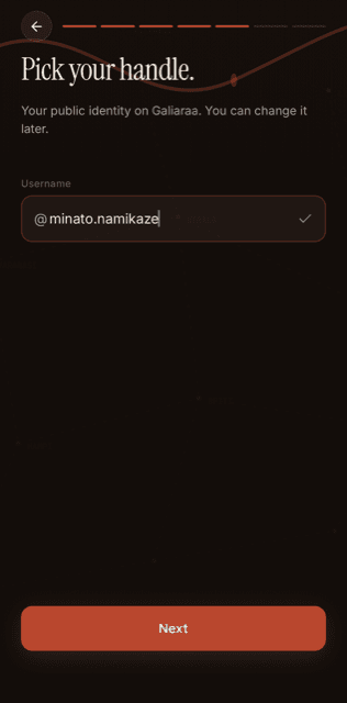 Galiaraa sign-up screen for picking your public handle, which you can change later