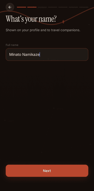 Galiaraa sign-up screen asking for your full name, shown on your profile and to travel companions