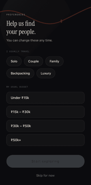 Galiaraa preferences screen asking how you usually travel and your usual budget, to personalize the Discover feed