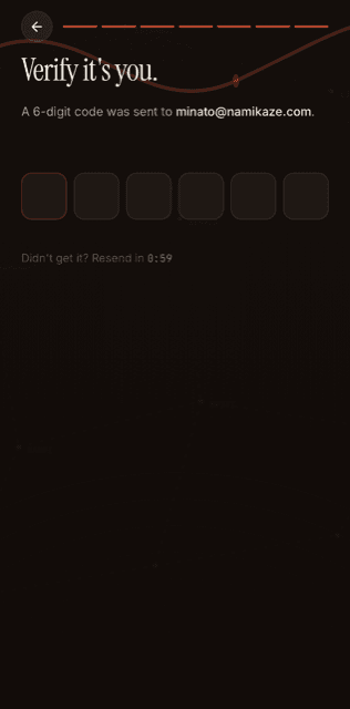 Galiaraa sign-up screen verifying your account with a 6-digit code sent to your email