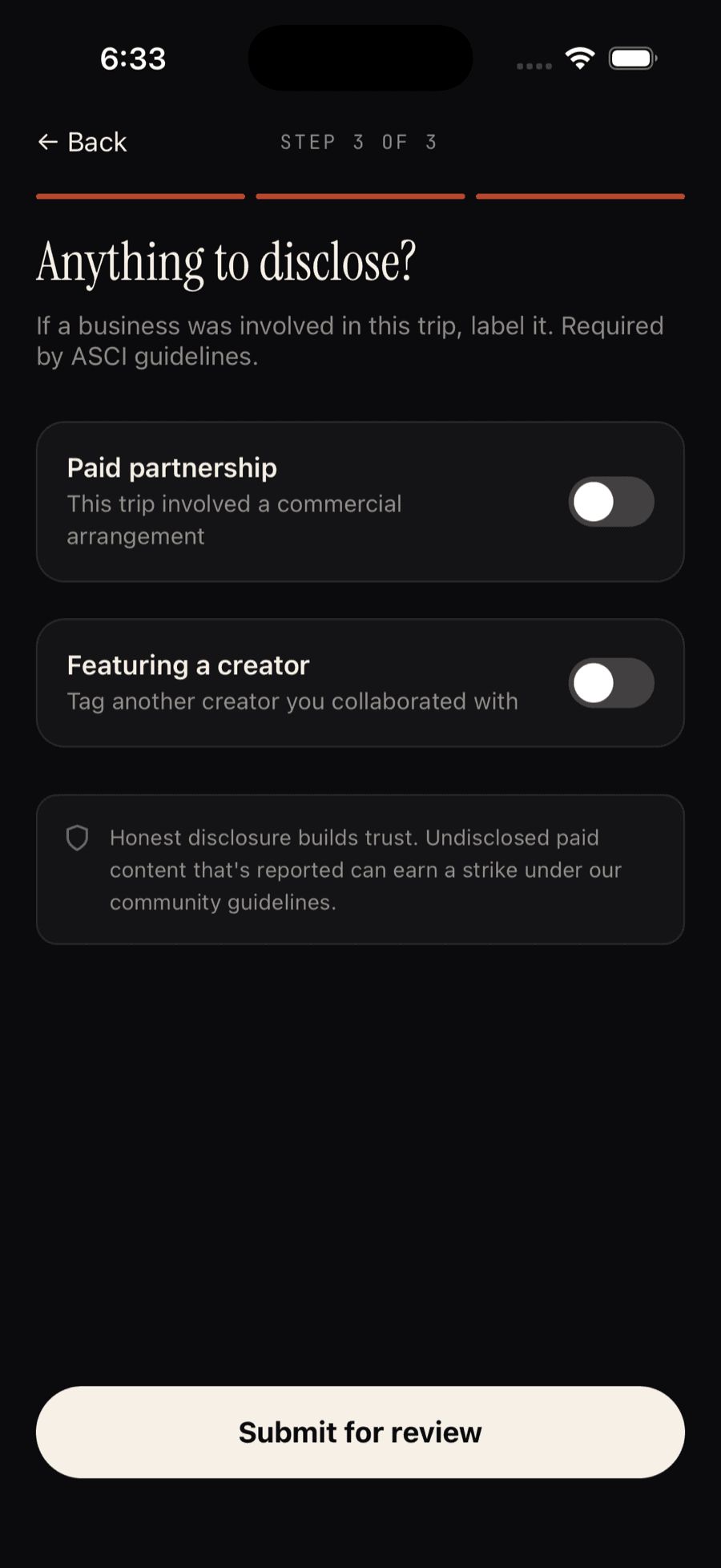 Galiaraa's "Anything to disclose?" screen for a public Explorer account — an added Paid partnership toggle above Featuring a creator, required by ASCI guidelines