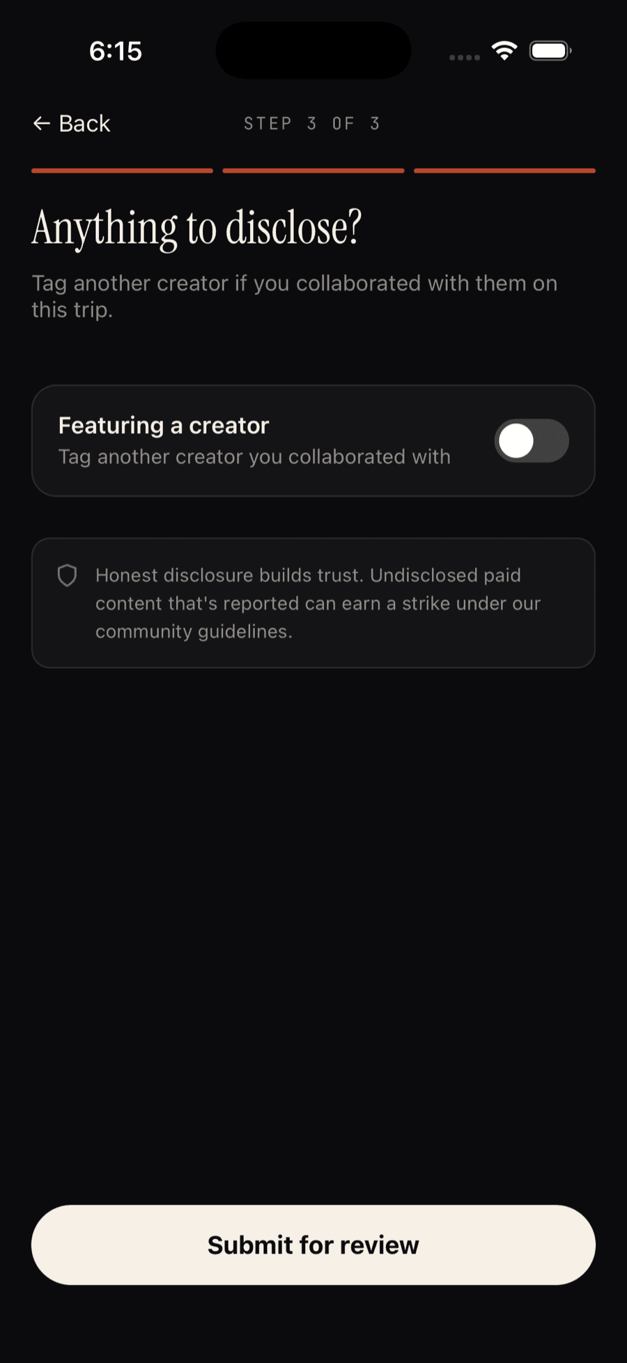 Galiaraa's "Anything to disclose?" screen for a private Traveler account — only a Featuring a creator toggle, then Submit for review