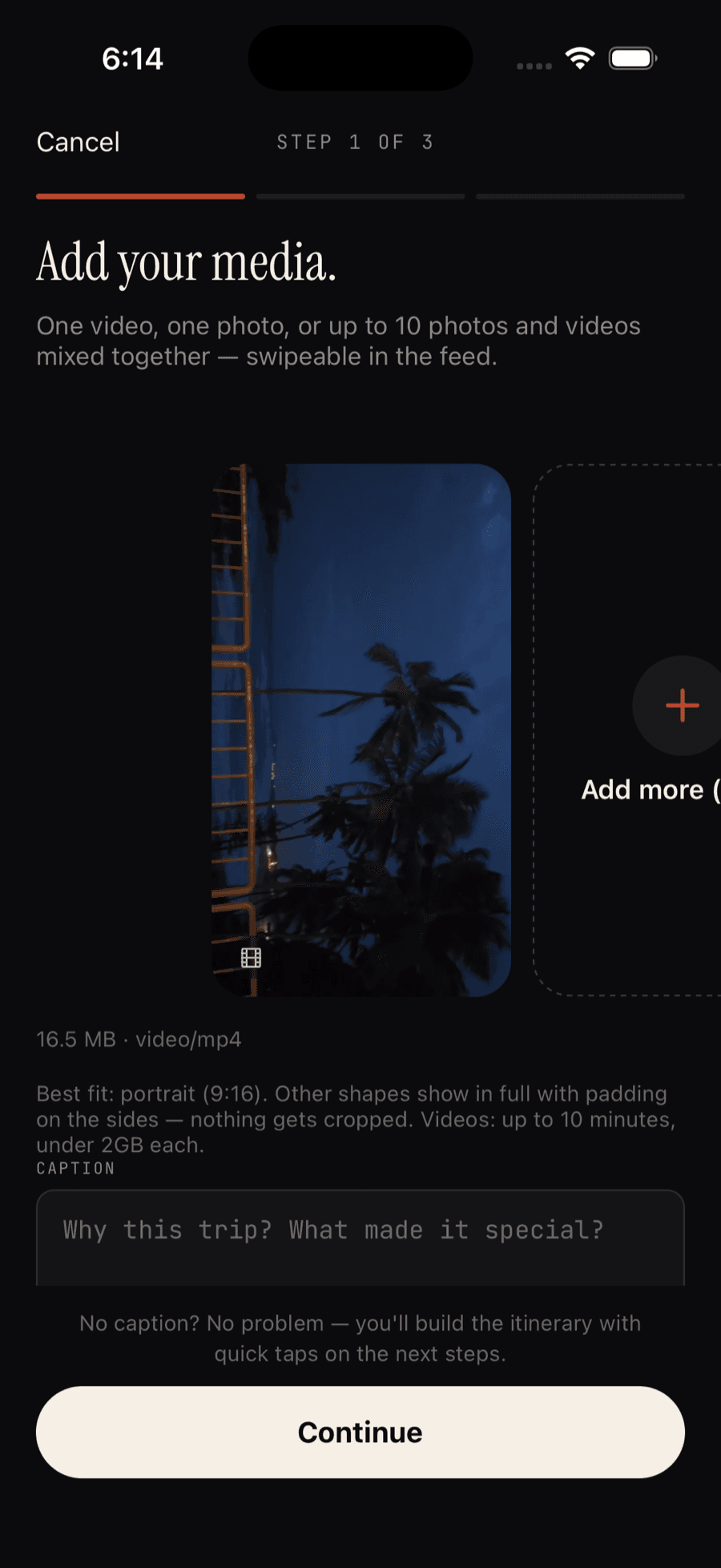 A video attached in Galiaraa's media picker, with an Add more tile for building a mixed photo-and-video carousel