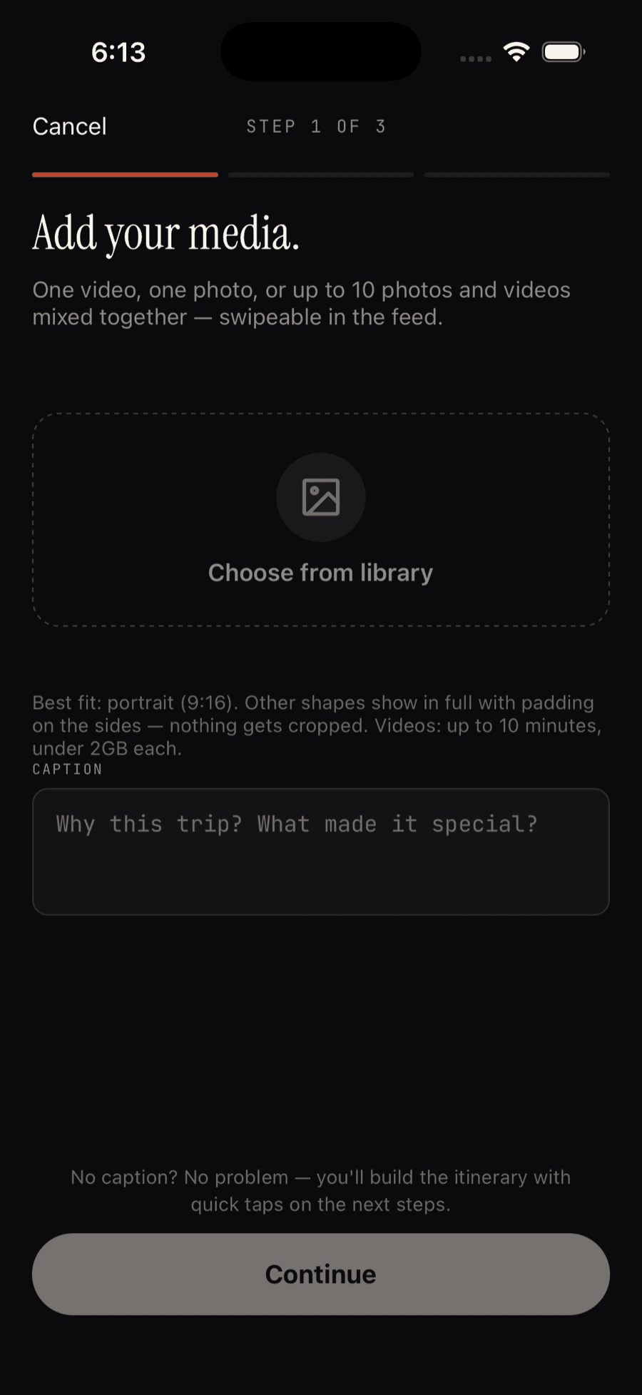 Galiaraa's "Add your media" screen — Step 1 of 3 — with a Choose from library button and a caption field