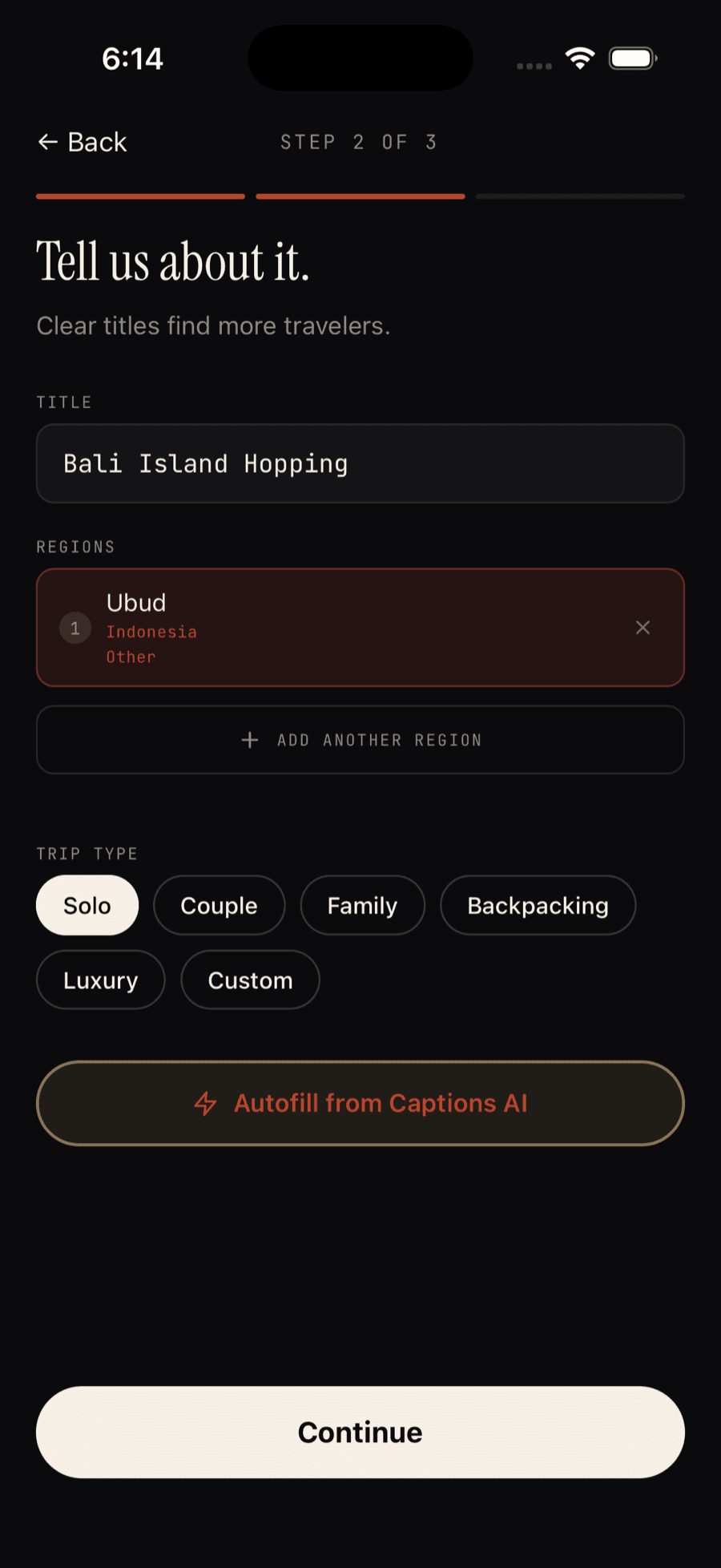 Galiaraa's "Tell us about it" screen — Step 2 of 3 — with title "Bali Island Hopping", region Ubud, Indonesia, and trip type Solo selected