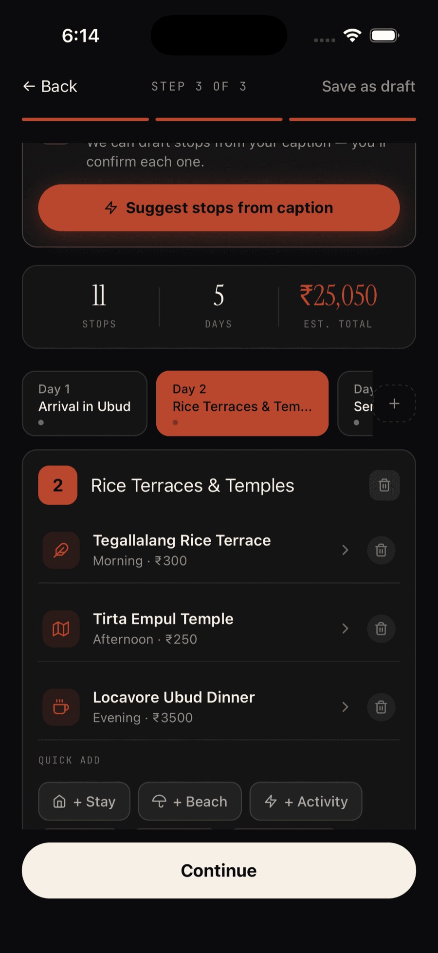 A built-out day in a Galiaraa itinerary — Rice Terraces & Temples — with three real stops and costs: Tegallalang Rice Terrace ₹300, Tirta Empul Temple ₹250, Locavore Ubud Dinner ₹3500
