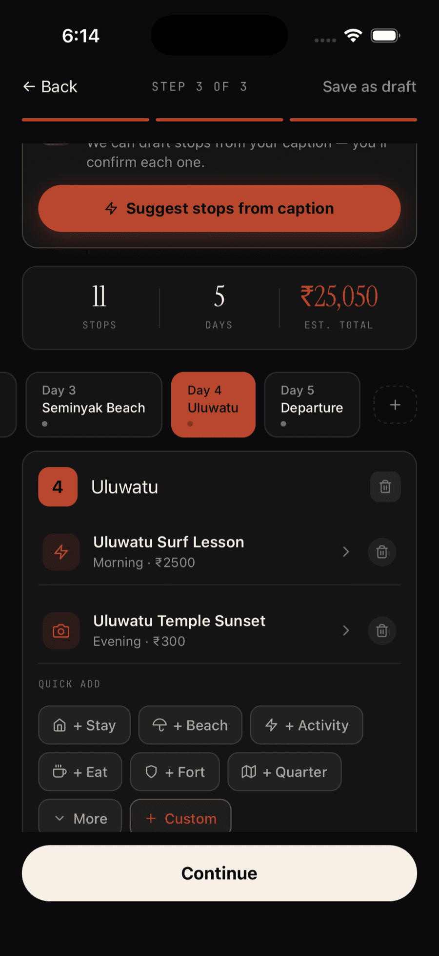 Galiaraa's itinerary builder, Day 4 of a 5-day Bali trip, with the Quick Add row showing Stay, Beach, Activity, Eat, Fort, Quarter, More, and + Custom