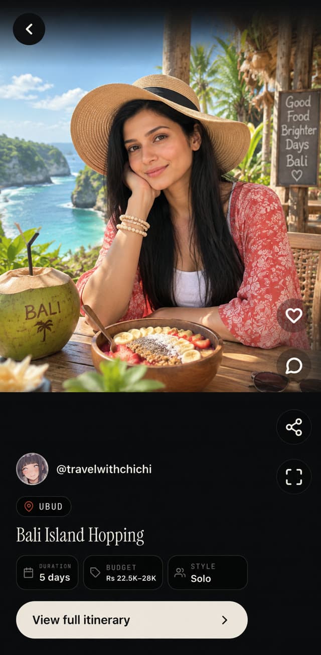 A Galiaraa Discover feed video paused on a beach cafe overlooking cliffs in Ubud, Bali — @travelwithchichi's 5-day solo itinerary "Bali Island Hopping" with a View full itinerary button